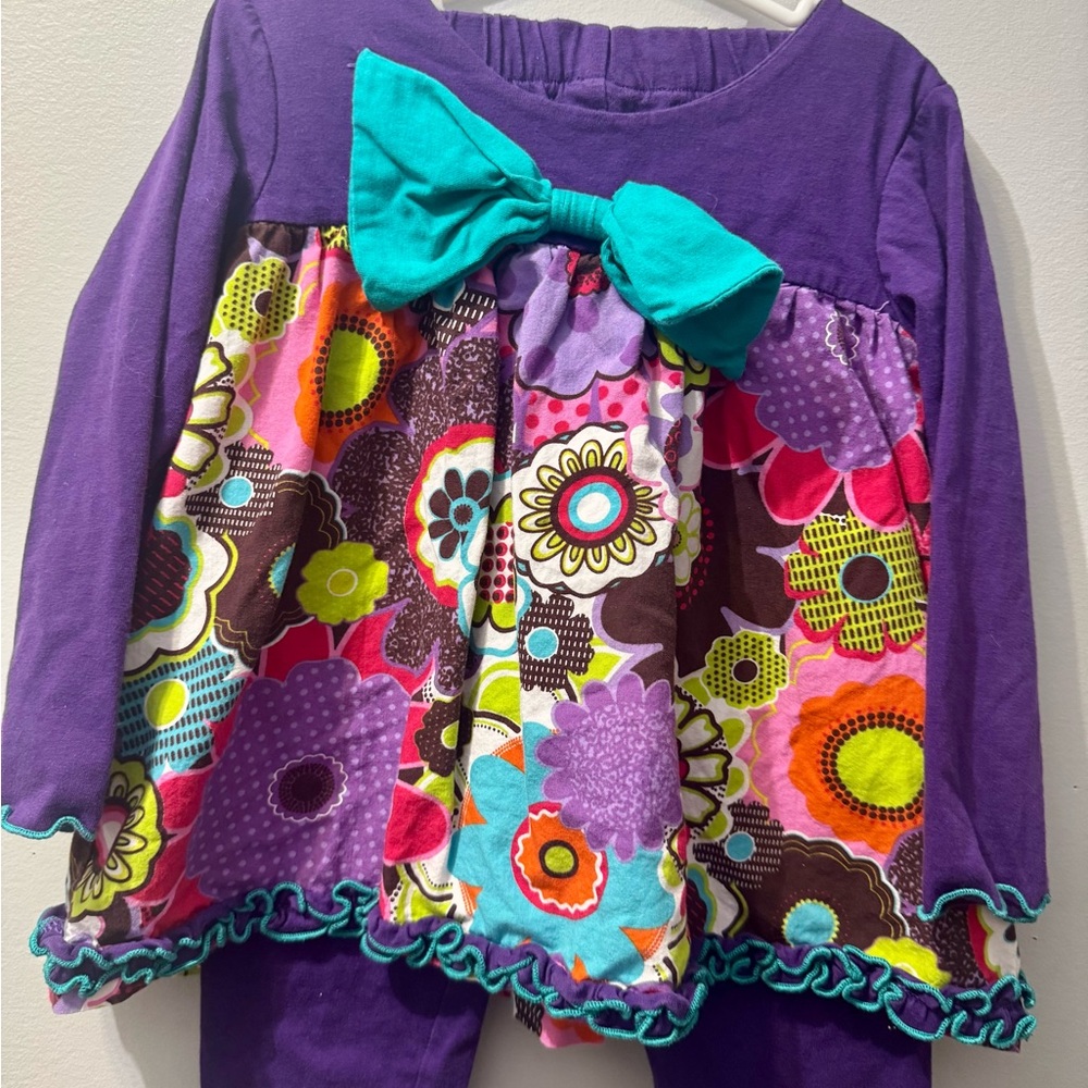 Millie Jay Colorful Purple Floral Baby 2pc Pants set with Bow, Size 3T